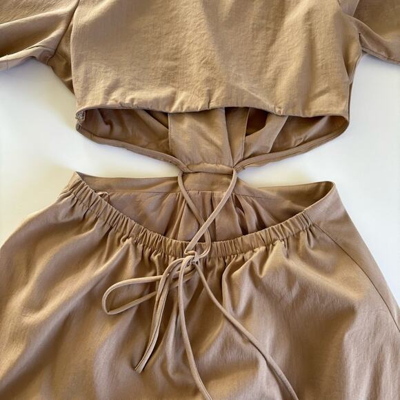 En Saison Tan Brown Beverly Shirtdress Mini Short Sleeve Cutout Dress Medium NWT - Picture 11 of 12